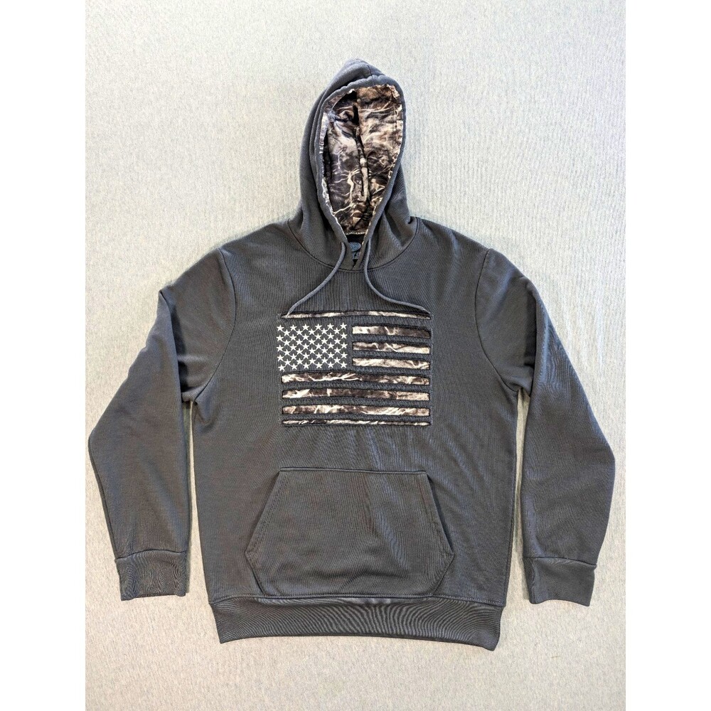 Mossy Oak Fishing Men's Fleece Pullover Hoodie L Gray Flag Graphic Pockets